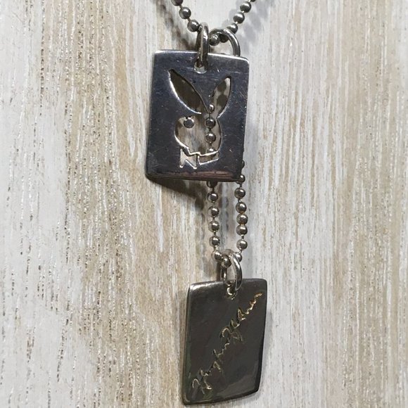 AUTHENTIC VERY HTF PLAYBOY STERLING BUNNY & HUGH HEFNER DOG TAG NECKLACE 17.5" - Picture 7 of 14
